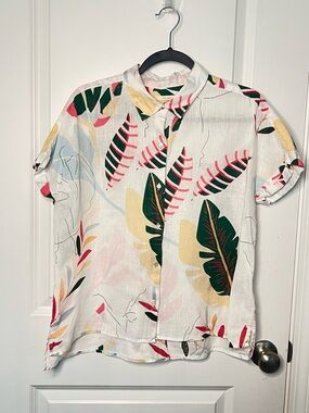 Cynthia Rowley Size Medium 100% Linen Shirt Top Coastal Boxy Tropical Blouse